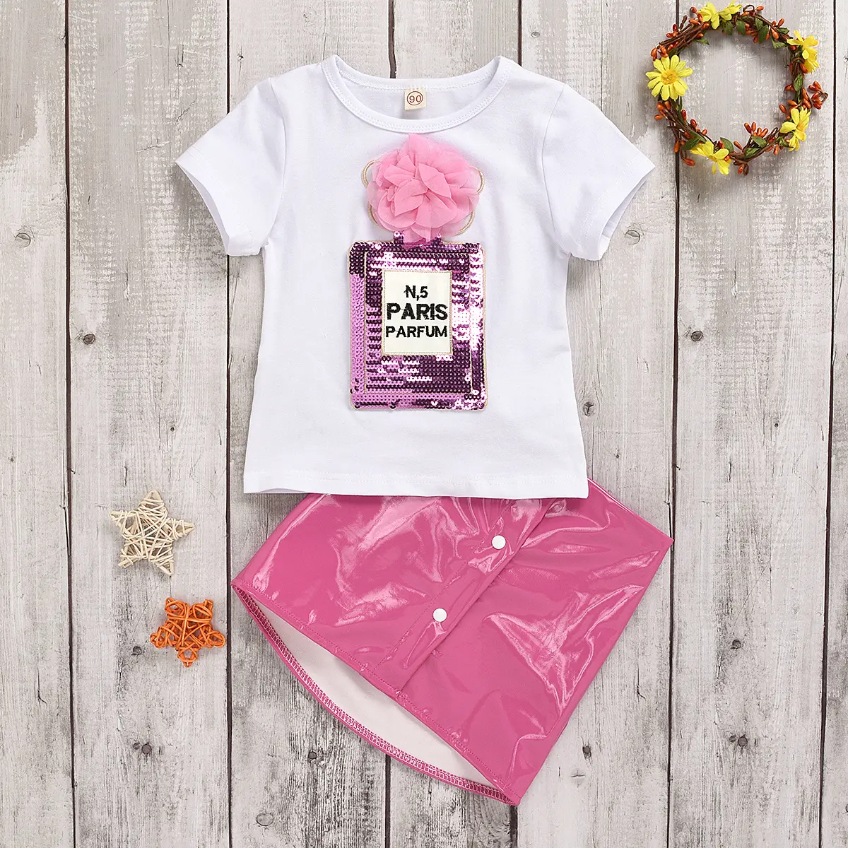 cute kids clothing 2 Pcs Sets wholesale Toddler Kids Baby Girl Clothes Short Sleeve White T-shirt +Mini PU Skirt Outfits Set