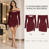 Mini-robe moulante personnalisée pour femme en maille extensible avec œillets métalliques, col épaules dénudées et découpes, manches longues, pour cocktail