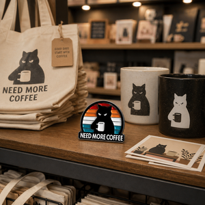 Spilla in smalto duro 'Need More Coffee' con gatto nero, strisce retrò e tramonto, graziosa spilla in metallo, regalo per amanti dei gatti e del caffè, spille all'ingrosso - Product Image 3