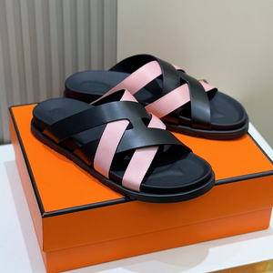 Premium Genuine <strong>Leather</strong> <strong>Men</strong> Two Tone Cross Strap Slide <strong>Sandals</strong> Comfort Open Toe Summer Outdoor Slip on Slippers - Product Image 5