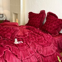Parure de lit 4 pièces en jacquard de coton pur, style américain, grand rouge, avec volants, pour cérémonie de mariage de luxe
