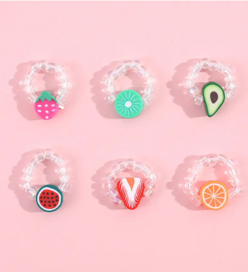 Custom Fashion Handmade White Beaded Heishi Finger Ring Cute Diy Fruit Polymer Clay Elastic Rings Set For Kids Children