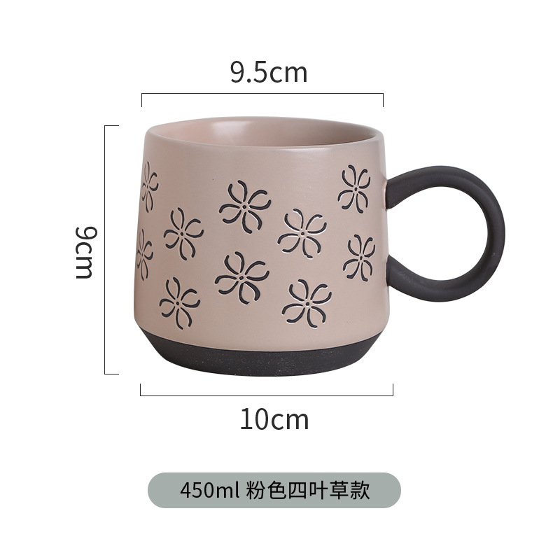 Pink black clay cup-four leaf clover