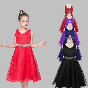 Vestido de encaje sin mangas con cuello en V y cinturón para niñas, vestido de fiesta de cumpleaños para niñas - Product Image 1