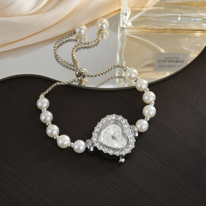Montre élégante et tendance de style scolaire ovale de luxe pour étudiants unisexes, avec un cœur serti de diamants, une boucle à tirette en perle - Product Image 2