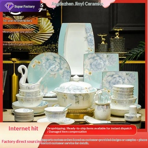 Service de table en céramique de Jingdezhen, ensemble complet d'assiettes et de vaisselle pour la maison, luxe léger, haut de gamme, motif fleur de pivoine. - Product Image 1