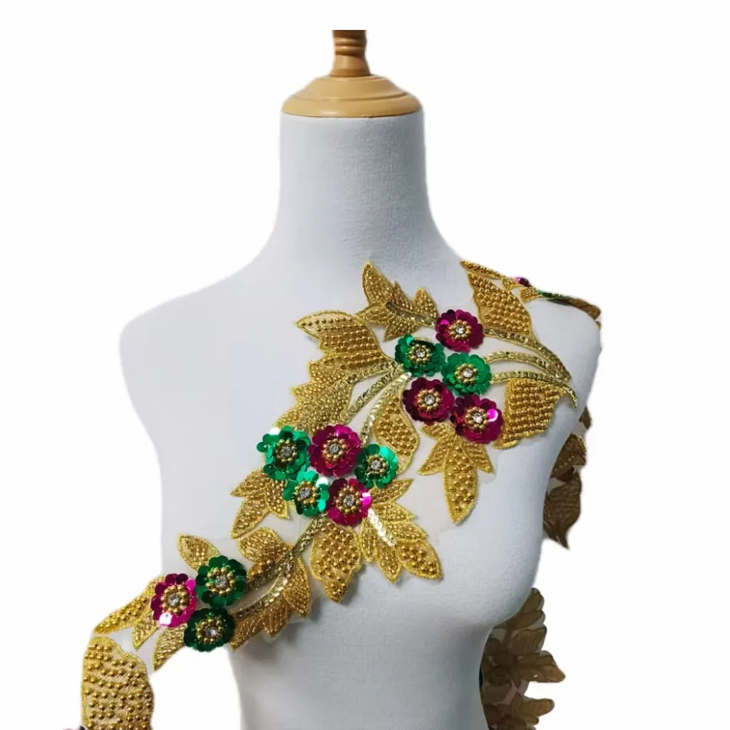 Desain baru payet berwarna manik-manik multi warna renda bordir trim fashion kain renda untuk wanita