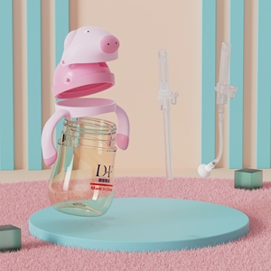Gobelet à bec pour tout-petit en Tritan avec motif cochon mignon, poignées et paille, sans BPA, <span class=keywords><strong>anti</strong></span>-<span class=keywords><strong>fuite</strong></span>, <span class=keywords><strong>biberon</strong></span> pour bébé, logo personnalisé OEM, vente en gros - Product Image 3