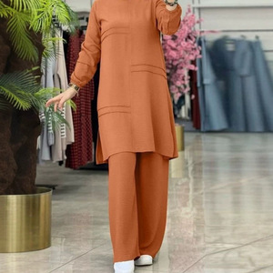 Elegant Muslim <strong>Women's</strong> Solid Wool Tunic Pants Set Long Sleeve Top Side Slit Hem Loose Fit <strong>Trousers</strong> Modest Casual Suit <strong>Work</strong> Party - Product Image 1