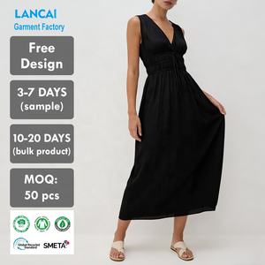 Fabricant de robes sur mesure OEM ODM Robe midi plissée en crêpe de rayonne à col plongeant pour femmes Haute qualité - Product Image 1