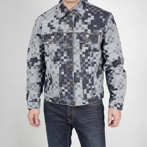 Mantel jaket denim kotak-kotak jacquard kode QR pria