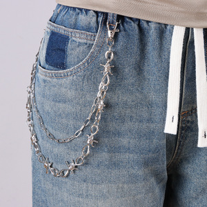 Cadena de cintura de doble capa con púas Yueli, estilo tibetano plateado, unisex, para decoración de pantalones vaqueros, uso diario - Product Image 1