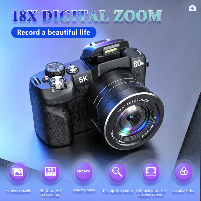 Rotating Screen 5K Digital Camera WD800 80MP 18X Zoom 3.0" Flip Touch Display 31 Beauty Filters WiFi