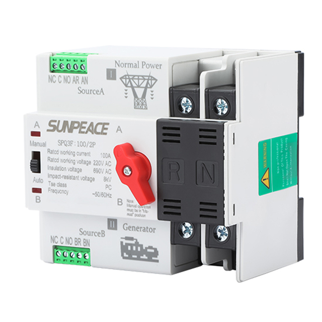 For Single Phase Din Rail PC ATS 220V Dual Power Automatic Transfer Selector Switches Uninterrupted 2P 63A 100A 125A