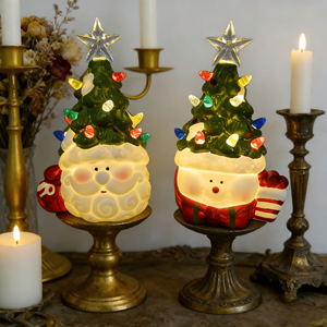 Decoración Navideña <span class=keywords><strong>de</strong></span> Cerámica con Luces LED - Adornos en Forma <span class=keywords><strong>de</strong></span> Árbol con Santa Claus y <span class=keywords><strong>Muñeco</strong></span> <span class=keywords><strong>de</strong></span> <span class=keywords><strong>Nieve</strong></span> - Product Image 1