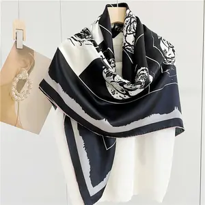 printing Floral design custom black logo custom large square 12MM satin scarf 108cm silk bandana silk scarf women