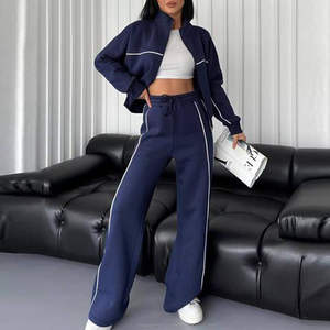 Vêtements de rue pour femmes droite rayé bleu <span class=keywords><strong>marine</strong></span> vêtements de sport vêtements de sport décontractés pantalons de Sport et fermeture éclair Sport chemise ensemble - Product Image 3
