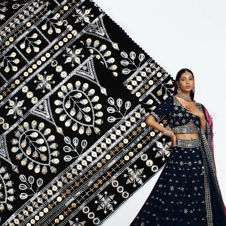 2024 New Nylon Rayon Sequin Embroidery Fabric Bridal Ethnic Style For Lehenga Traditional Wear