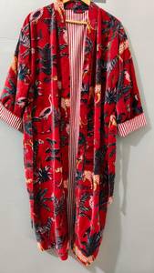 Bata Kimono Larga de Terciopelo Rojo con Estampado Animal para Mujer, Manga Tres Cuartos, Ropa de Dormir Informal, Poliéster Tejido, Prenda de Verano - Product Image 2