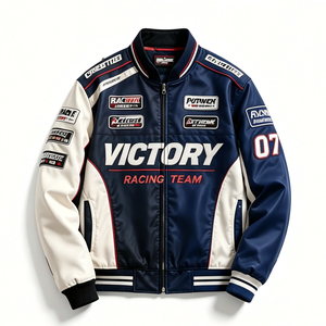 Chaqueta de Cuero Híbrida OEM Estilo <span class=keywords><strong>Biker</strong></span> Varsity con Bordado Personalizado 2026, Chaqueta Letterman de Carreras, Chaqueta de Cuero de Carreras de Fábrica - Product Image 1