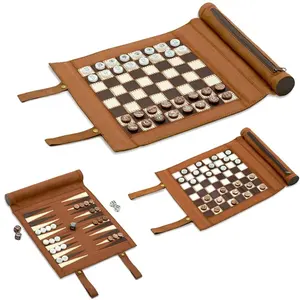 असली लेदर यात्रा शतरंज और चेकर्स रोल-अप क्लासिक बोर्ड खेल शतरंज मामले कस्टम के लिए प्रीमियम खेल चौसर सेट वयस्कों