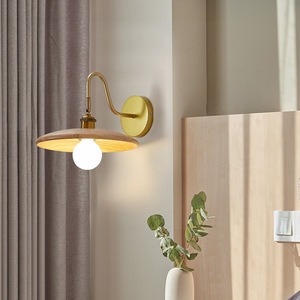 Nordic Wooden <b>Wall</b> Lamp with Brass Arm, LED Bedside <b>Sconce</b> for Bedroom Living Room - Product Image 2