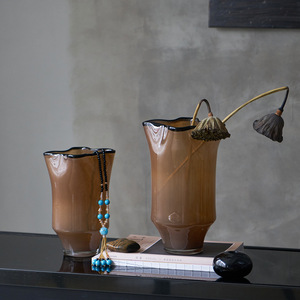 Medieval <b>Black</b> <b>Edge</b> Creative Folds Handmade Large Mouth Coffee Porcelain Powder Glass Vase Entrance Countertop Crystal Vase - Product Image 5