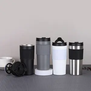 Cangkir Tumbler kopi baja tahan karat 304 dinding ganda portabel terisolasi vakum perjalanan cangkir tekan Perancis dapat digunakan kembali