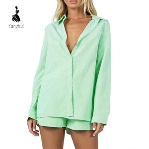 Completo Set Estivo da Donna: Camicia a Righe e Pantaloncini in Lino, <span class=keywords><strong>Taglie</strong></span> <span class=keywords><strong>Forti</strong></span>, <span class=keywords><strong>Casual</strong></span> - Product Image 2