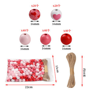 Wood <b>Beads</b> <b>Set</b> 160pcs Red Pink Heart Pattern For Bracelet Making Valentine's Day Jewelry Craft DIY With Hemp Rope - Product Image 2