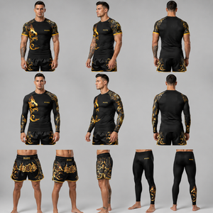 Conjunto de 4 Piezas Black Gold <span class=keywords><strong>Dragon</strong></span>: Shorts de Muay <span class=keywords><strong>Thai</strong></span>, Rashguard, Pantalones de Compresión, Logotipo Personalizado, OEM, ODM, MOQ Bajo, Directo de Fábrica - Product Image 6