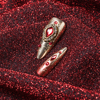 Ongles Press-On Métalliques Rouge Cristal de Luxe, Strass 3D, Longs, Style Gothique, pour Mariage et Fêtes, Vente en Gros, Emballage Personnalisable