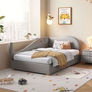 Upholstered Kids Daybed Cartoon Elephant Design Floating Full Size Solid Wood Frame Cotton Upholstery <b>Lights</b> for Boys Girls - Product Image 5