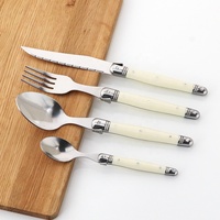 Service de table Laguiole style américain, 4 pièces : couteaux à steak, fourchettes, cuillères à soupe, cuillères à café, couleur ivoire, écologique, portable