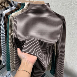 Women Long Sleeve High Neck Striped Thermal Top Autumn Winter Inner Layer Warm T-Shirt - Product Image 1