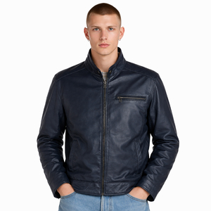 Veste en cuir pour <span class=keywords><strong>homme</strong></span> - <span class=keywords><strong>Bleu</strong></span> marine, col montant classique, style motard, coupe ajustée, streetwear décontracté - Logo personnalisé - Product Image 1