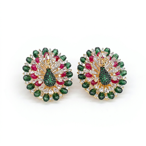 Boucles d'oreilles clous en zircone cubique 12324Cubi, motif paon, rondes, bijoux fantaisie floraux en CZ, plaqué or, pour femme, cadeau de fête ou de mariage - Product Image 1