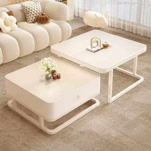 Mesa <span class=keywords><strong>de</strong></span> Centro <span class=keywords><strong>de</strong></span> Estilo Crema con Superficie <span class=keywords><strong>de</strong></span> Piedra Blanca y Almacenamiento Retráctil Móvil <span class=keywords><strong>para</strong></span> Sala <span class=keywords><strong>de</strong></span> Estar <span class=keywords><strong>de</strong></span> Apartamentos Pequeños, Diseño Moderno - Product Image 3