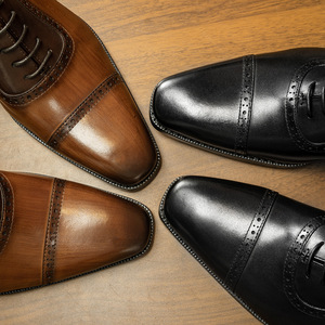 Men's Brown Genuine Leather Square Toe Oxford Dress Shoes Lace-Up All Seasons Solid Pattern Embossed <b>Insole</b> Drop Shipping - Product Image 2