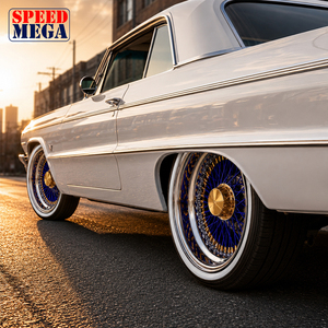 Rines LA Wire Wheels de 14x7 pulgadas, diseño cruzado de 72 radios, radios azules con niples chapados en oro americano y borde cromado - Product Image 6