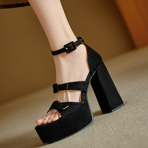 Open Square Toe Pumps Buckles Thick Platform <b>Sandals</b> High Chunky Heels Sexy Women Big Size 46 Wide Feet Suede Shoes - Product Image 4