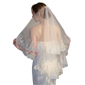 2 lớp 60 + 90cm mặt Mạng Che Mặt vải tuyn ren đính Trắng/ngà ngắn đám cưới Mạng Che Mặt cô dâu với lược - Product Image 1