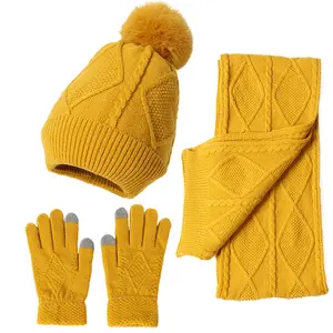 2024 शीतकालीन थोक गर्म बिक्री यूरोपीय गर्म 3 टुकड़े फैशन मोटी स्कार्फ दस्ताने बुना हुआ टोपी सेट बेनी