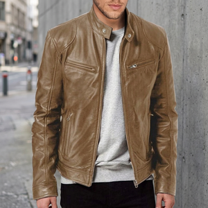 Chaqueta de Motociclista de Cuero Marrón para Hombre, Corte Ajustado, Cuello Alto, Cierre de Cremallera, Manga Larga, Color Sólido, para Otoño - Product Image 4