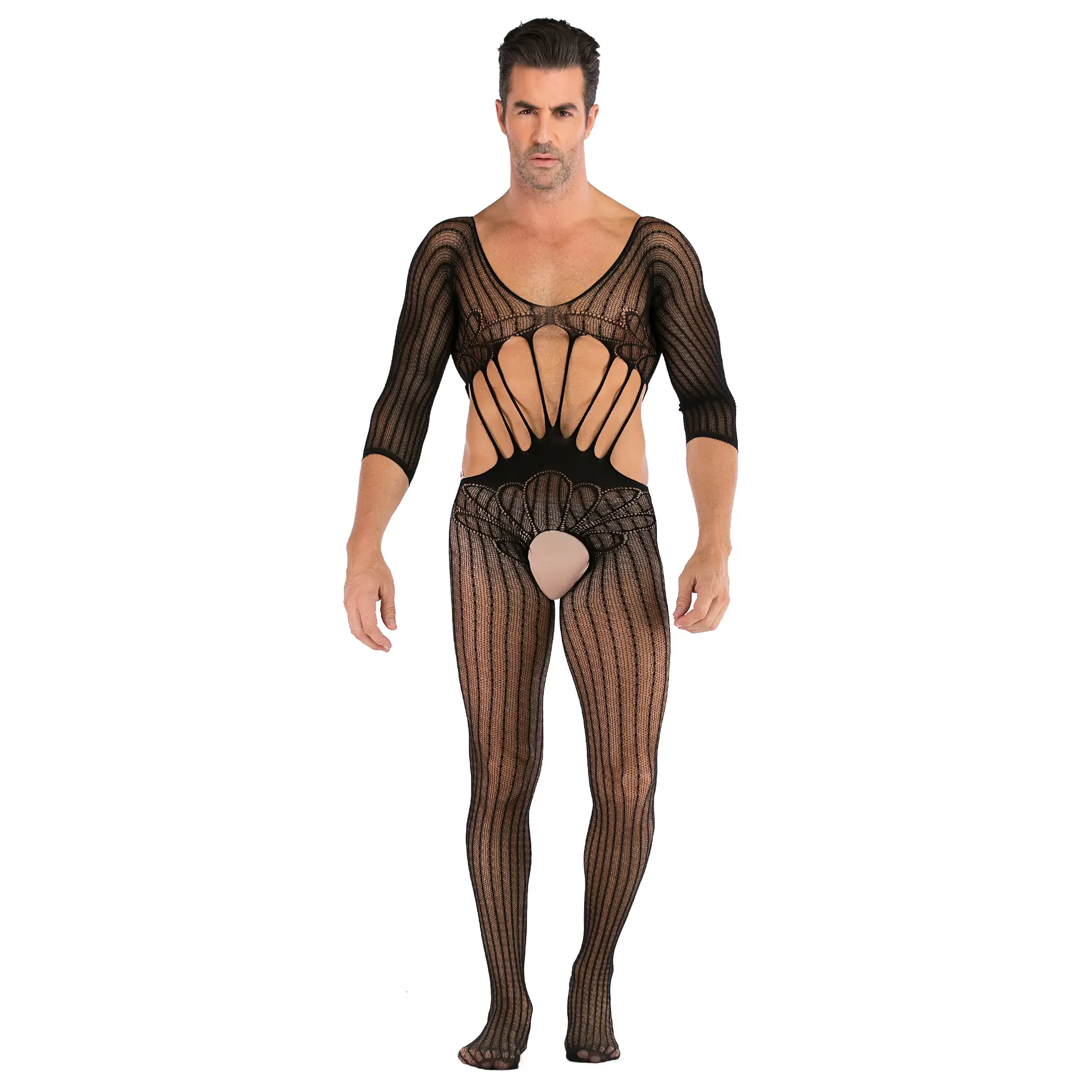 Western Hot Sale Men's Long Sleeve Sexy Mesh Clothes One Piece Sexy Stockings Mesh Bodysuit Mens Sexy Underwear