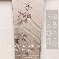 Tissu satiné froissé en acétate imprimé floral rose begonia style aquarelle, doux et froissé, idéal pour vêtements féminins, robes et pyjamas.