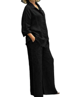 Ensemble chemise et pantalon pour femme, style vintage, uni, manches longues, boutonné, chemisier et pantalon droit ample, tenue décontractée