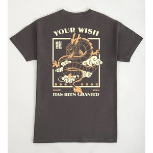 T-shirt 'Il tuo desiderio è stato soddisfatto' grigio scuro con design drago dal 1984, unisex, girocollo, manica corta, abbigliamento promozionale - Product Image 1