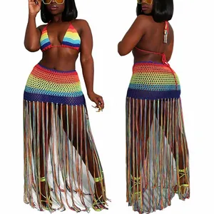 African Print Women Sexy Beach Coverups 2 Piece Outfits Crochet Mesh Fishnet Bikini Top and Maxi Skirt Swimwear Manufacturers