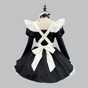 Sweet Gothic Maid Outfit Black Burgundy Lace Trim Puff Sleeve Cosplay Costume Drama Game Anime Role-Playing - Product Image 3